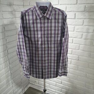 Banana Republic Men's Size Medium No Iron Slim Fit Purple White Blue Plaid Shirt